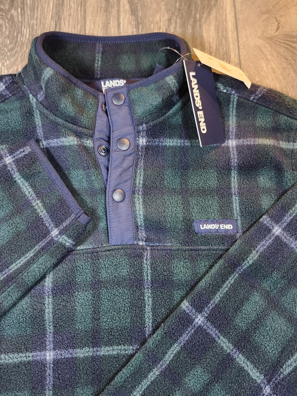 Lands' End Men's Green and Navy Plaid Zip Fleece Pullover